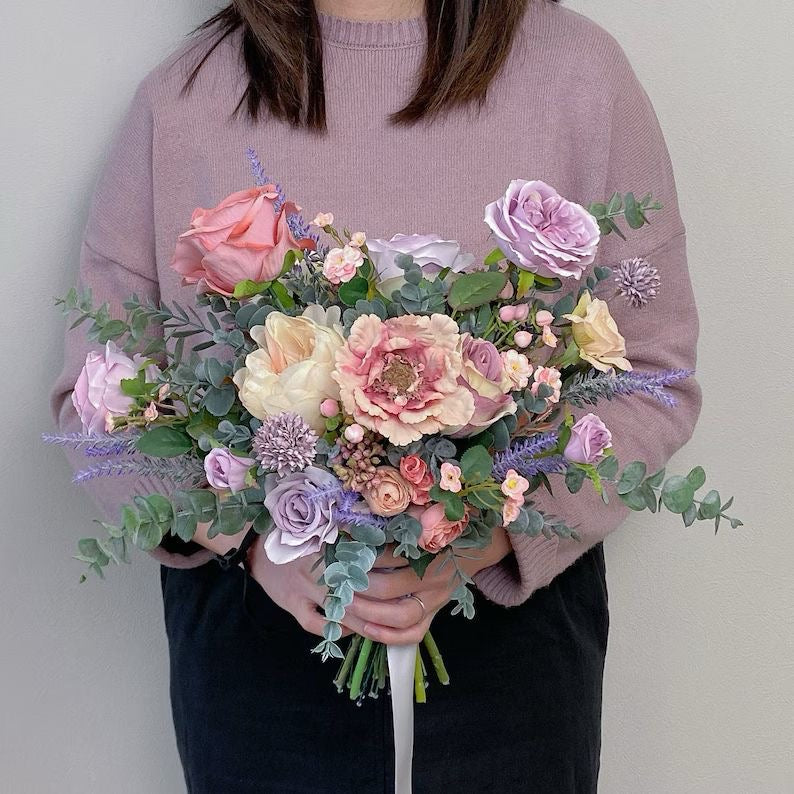 Purple, Pink and Peach tone Organic Style Silk Bridal Bouquet